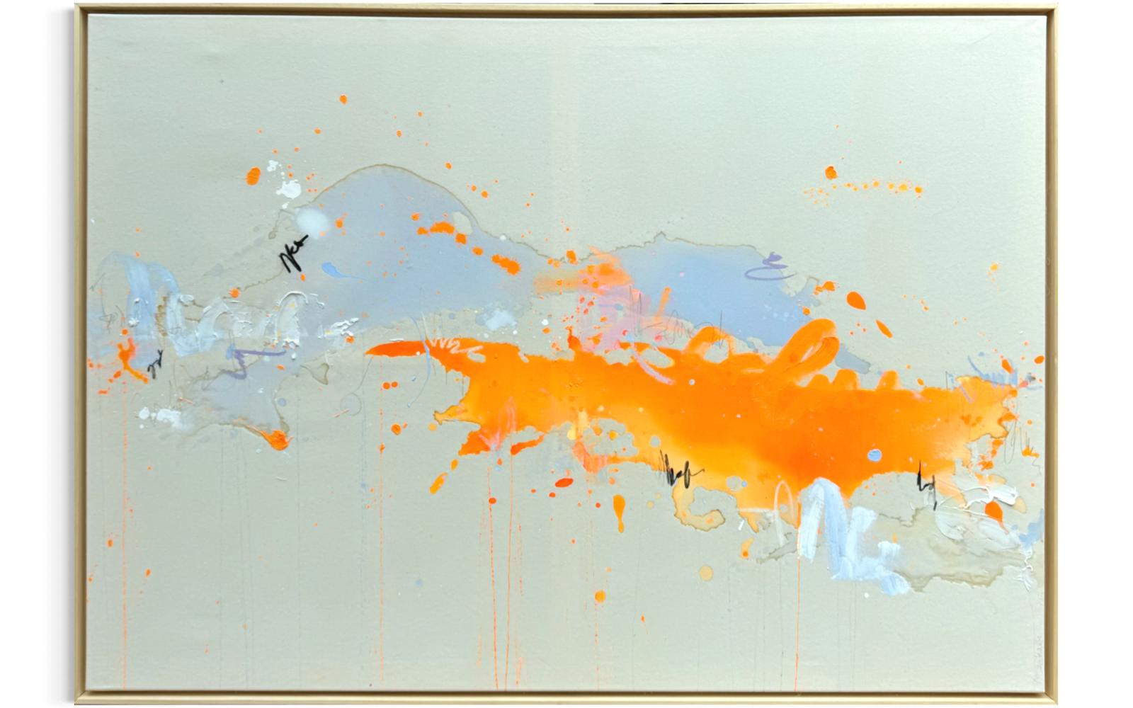 marika_thoms_hot_ice_unikat_kunst_wohnzimmer Marika Thoms Hot Ice, Mixed Media auf Leinwand, 140 × 100 cm, Unikat von 2026 in Orange-, Grau- und Blautönen.