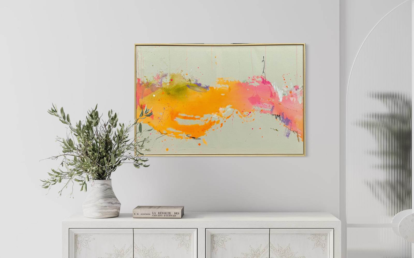 Marika Thoms Orange Wave, Mixed Media auf Leinwand, 120 × 80 cm, Unikat von 2026 in Orange-, Gelb- und Rosatönen.