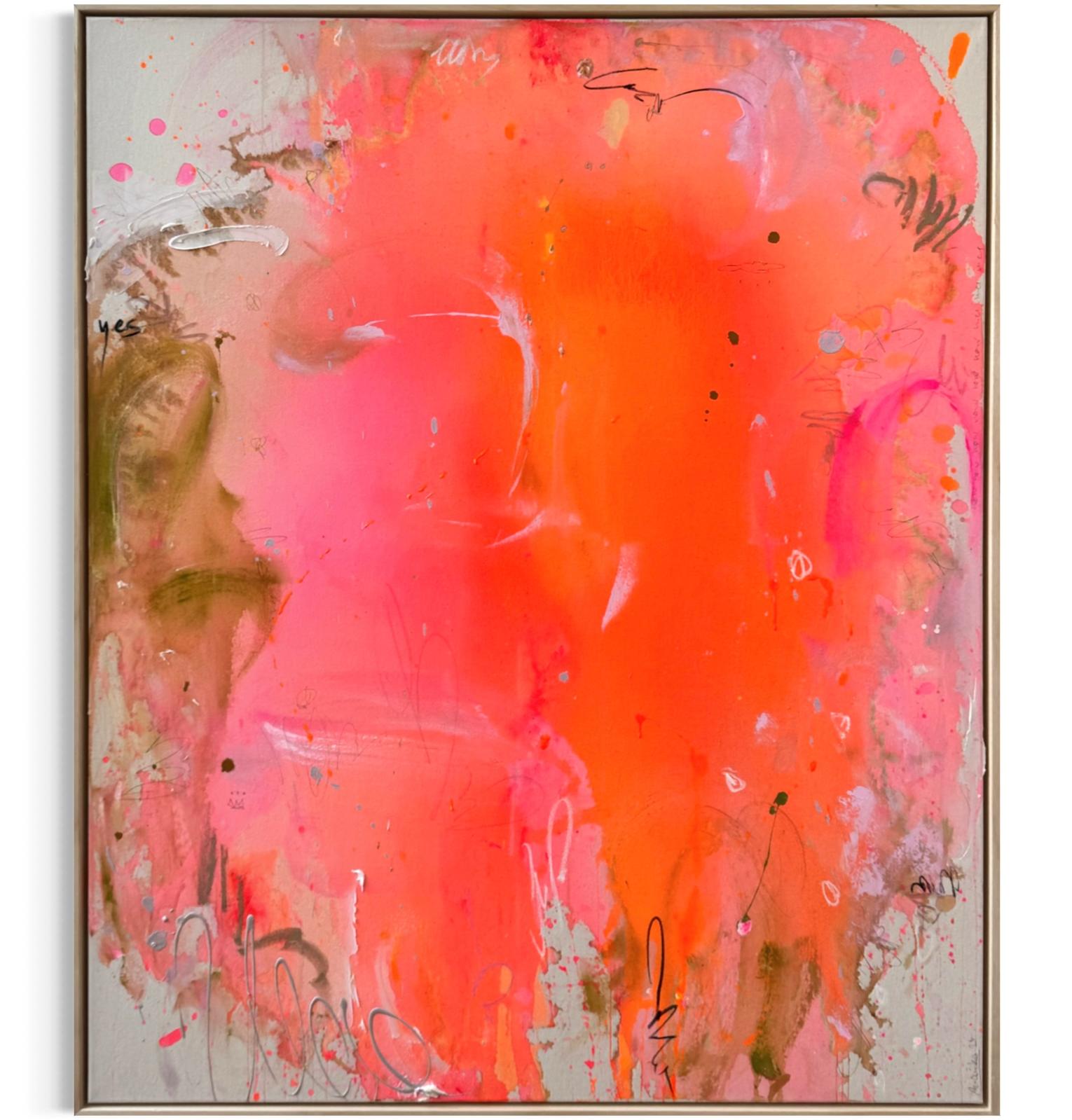 marika_thoms_shine_100x120_framed Marika Thoms Shine, Mixed Media auf Leinwand, 100 × 120 cm, Unikat von 2026 in Neonorange, Pink und erdigen Farbtönen.