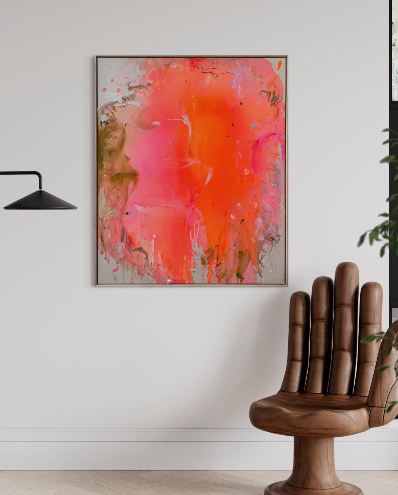 Marika Thoms Shine, Mixed Media auf Leinwand, 100 × 120 cm, Unikat von 2026 in Neonorange, Pink und erdigen Farbtönen.