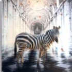 Paul Thierry Zebra, Monotypie auf Leinwand, serielles Unikat EA/29, 90 × 90 cm mit Zebra in monumentaler Architektur.