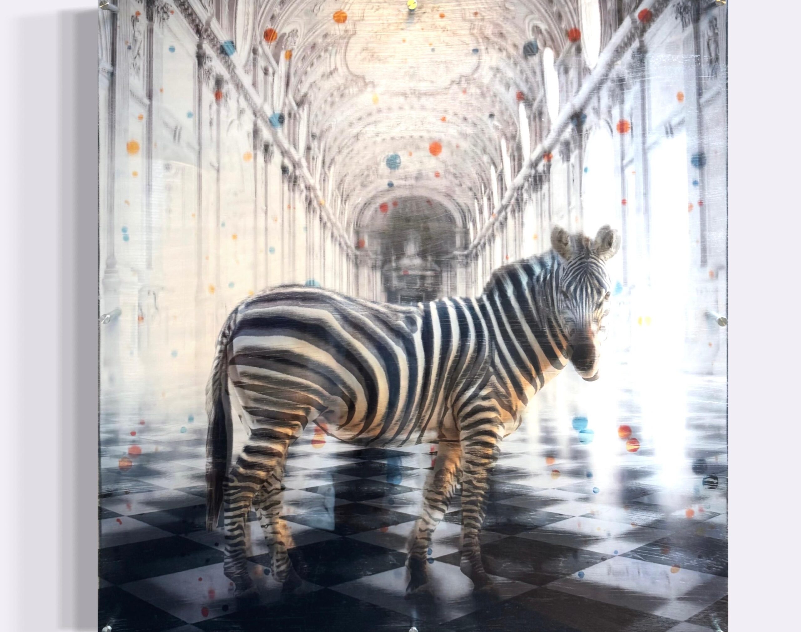 paul_thierry_zebra_unikat_pop_art_modern Paul Thierry Zebra, Monotypie auf Leinwand, serielles Unikat EA/29, 90 × 90 cm mit Zebra in monumentaler Architektur.