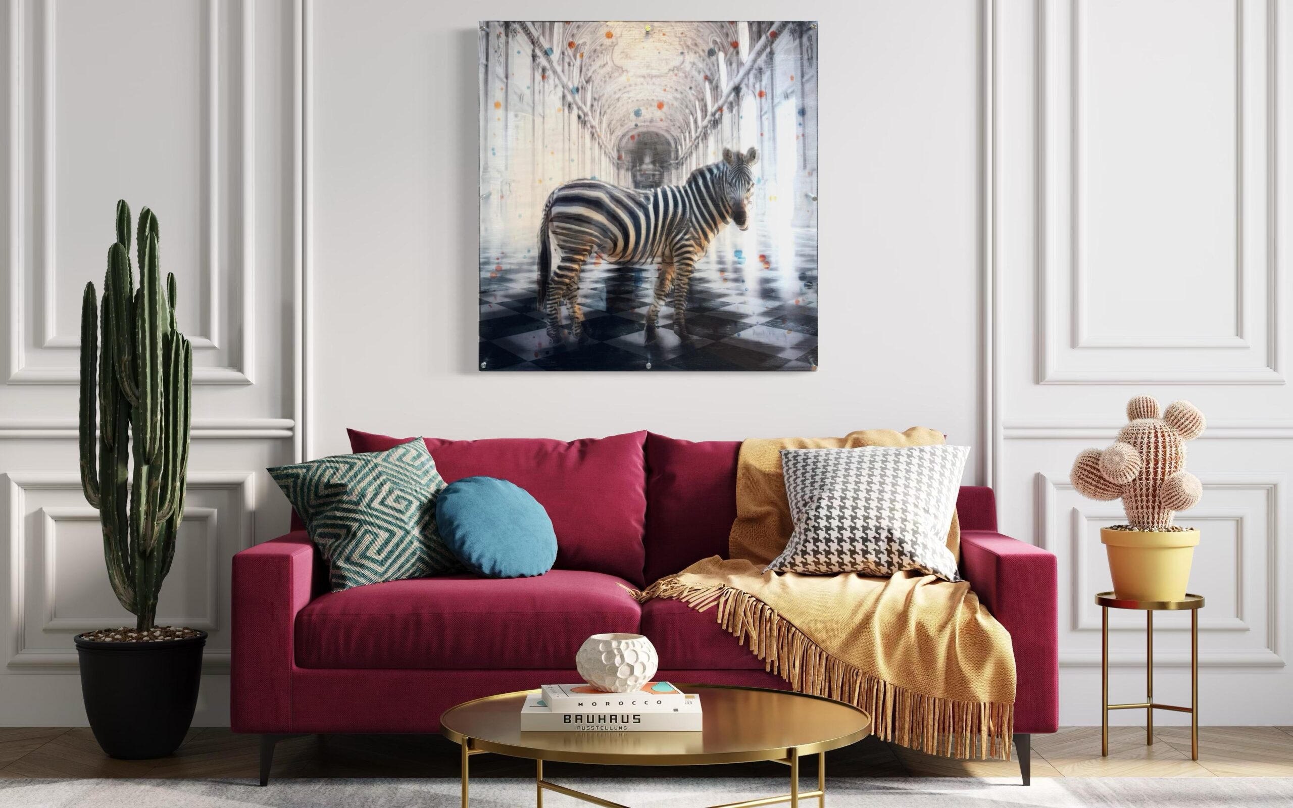 Paul Thierry Zebra, Monotypie auf Leinwand, serielles Unikat EA/29, 90 × 90 cm mit Zebra in monumentaler Architektur.