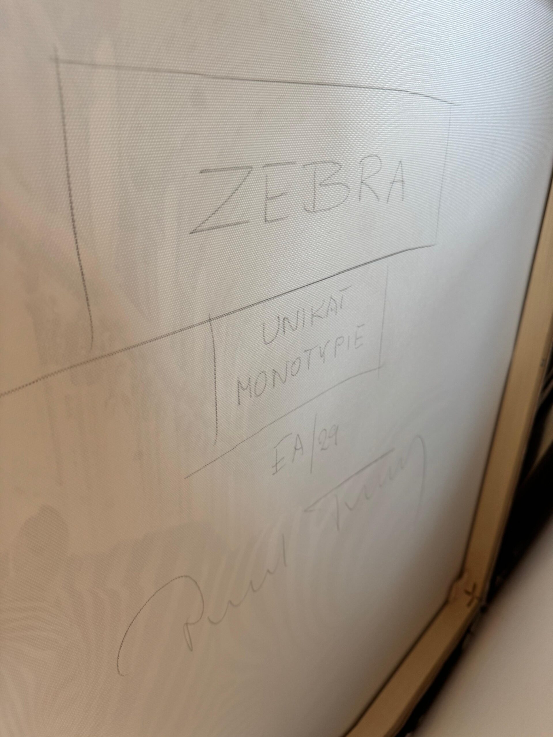 Paul Thierry Zebra, Monotypie auf Leinwand, serielles Unikat EA/29, 90 × 90 cm mit Zebra in monumentaler Architektur.