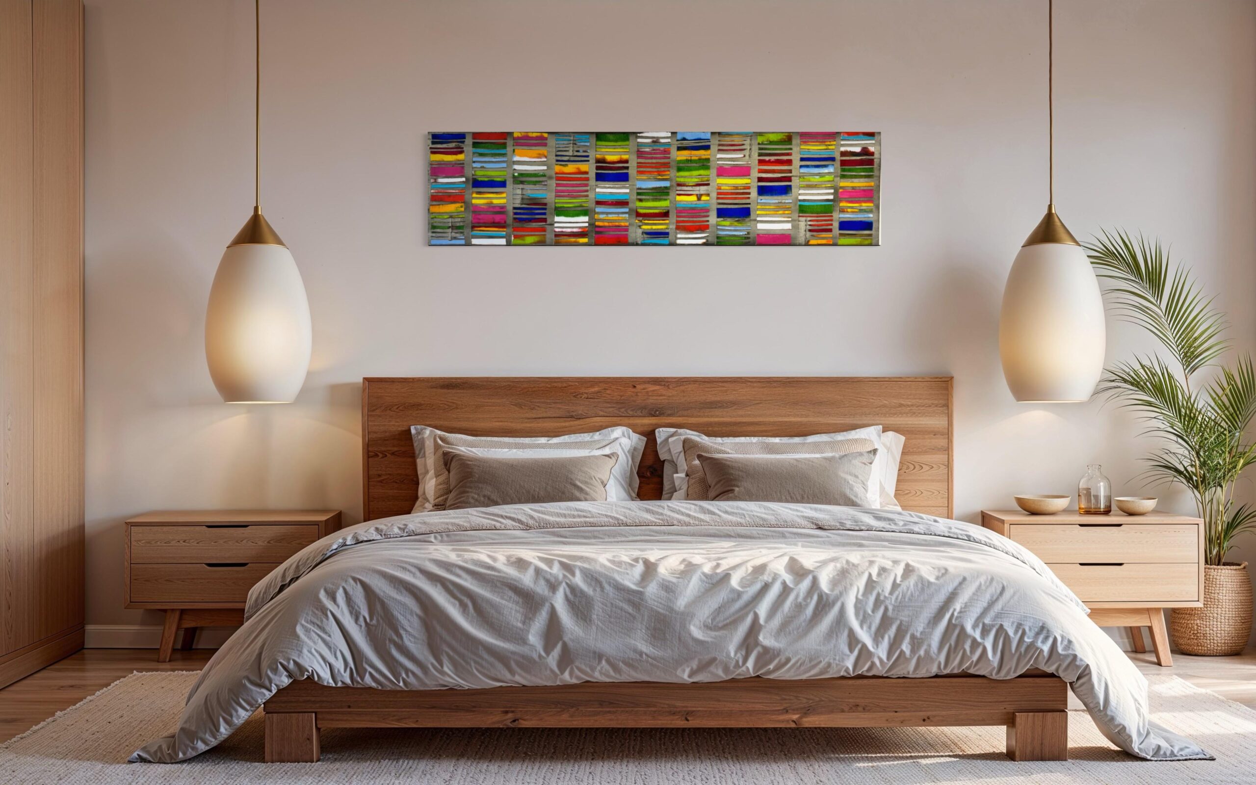 Petra Rös-Nickel Happy Colors, Mischtechnik auf Leinwand, signiertes Unikat, 160 × 40 cm mit farbigen geometrischen Balken.