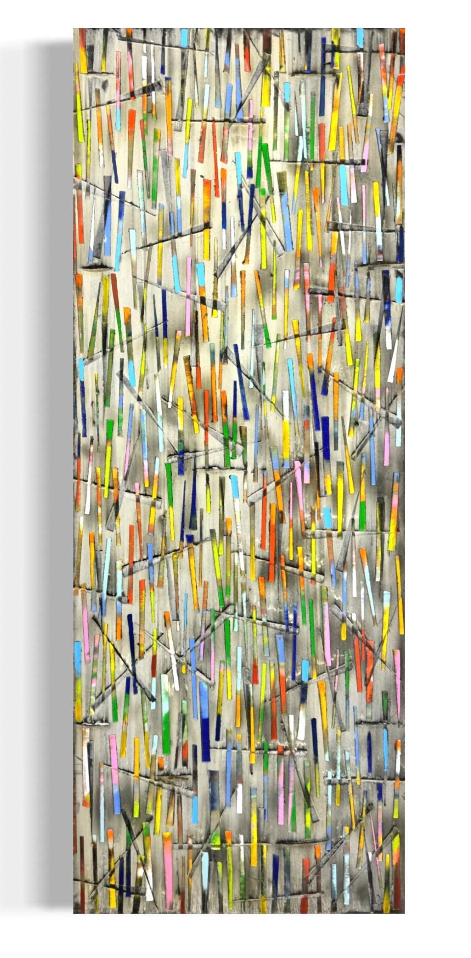 petra_roes_nickel_happy_pins_unikat_braunschweig_kunst_buero Petra Rös-Nickel Happy Pins, Mischtechnik auf Leinwand, signiertes Unikat, 60 × 160 cm mit vertikalen Farblinien und geometrischen Strukturen.