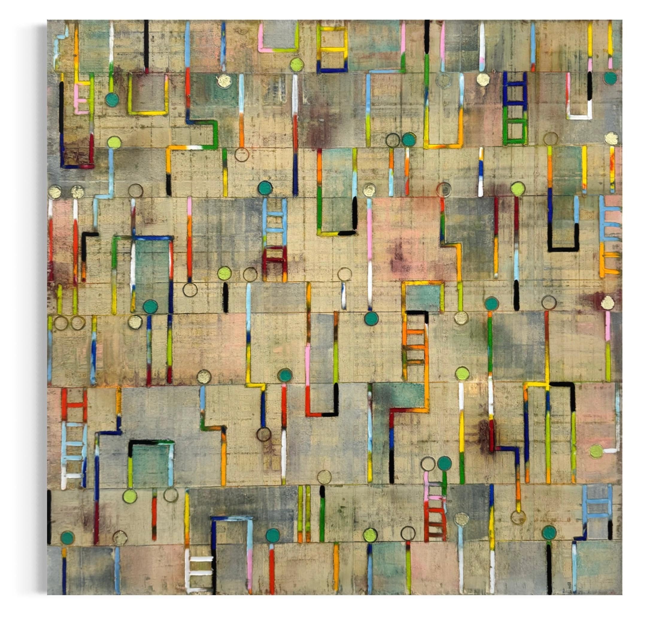 petra_roes_nickel_the_ladder_2_art_international Petra Rös-Nickel The Ladder 2, Mischtechnik auf Leinwand, signiertes Unikat, 120 × 100 cm mit geometrischen Formen und farbigen Leitermotiven.