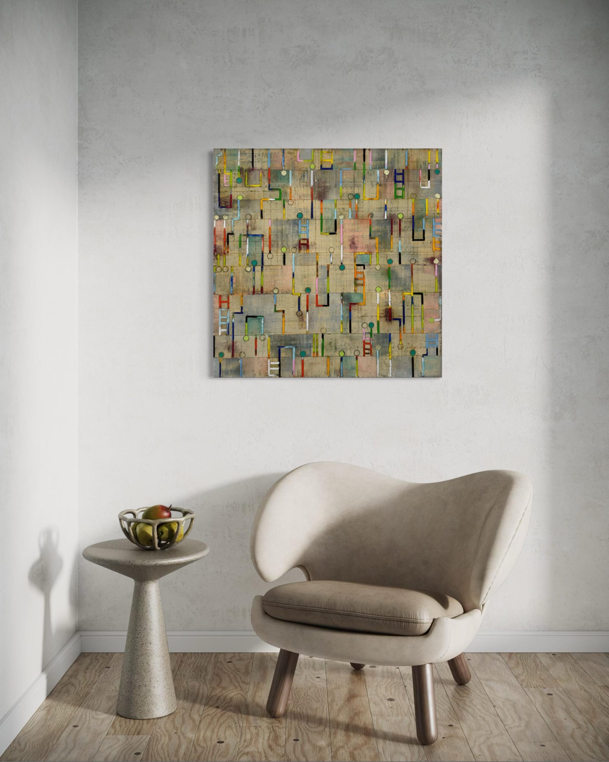 Petra Rös-Nickel The Ladder 2, Mischtechnik auf Leinwand, signiertes Unikat, 120 × 100 cm mit geometrischen Formen und farbigen Leitermotiven.