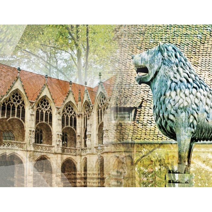 Kunstwerk mit Braunschweig-Motiv – Darstellung historischer Architektur und urbaner Lebendigkeit in vielfältigen künstlerischen Stilen.