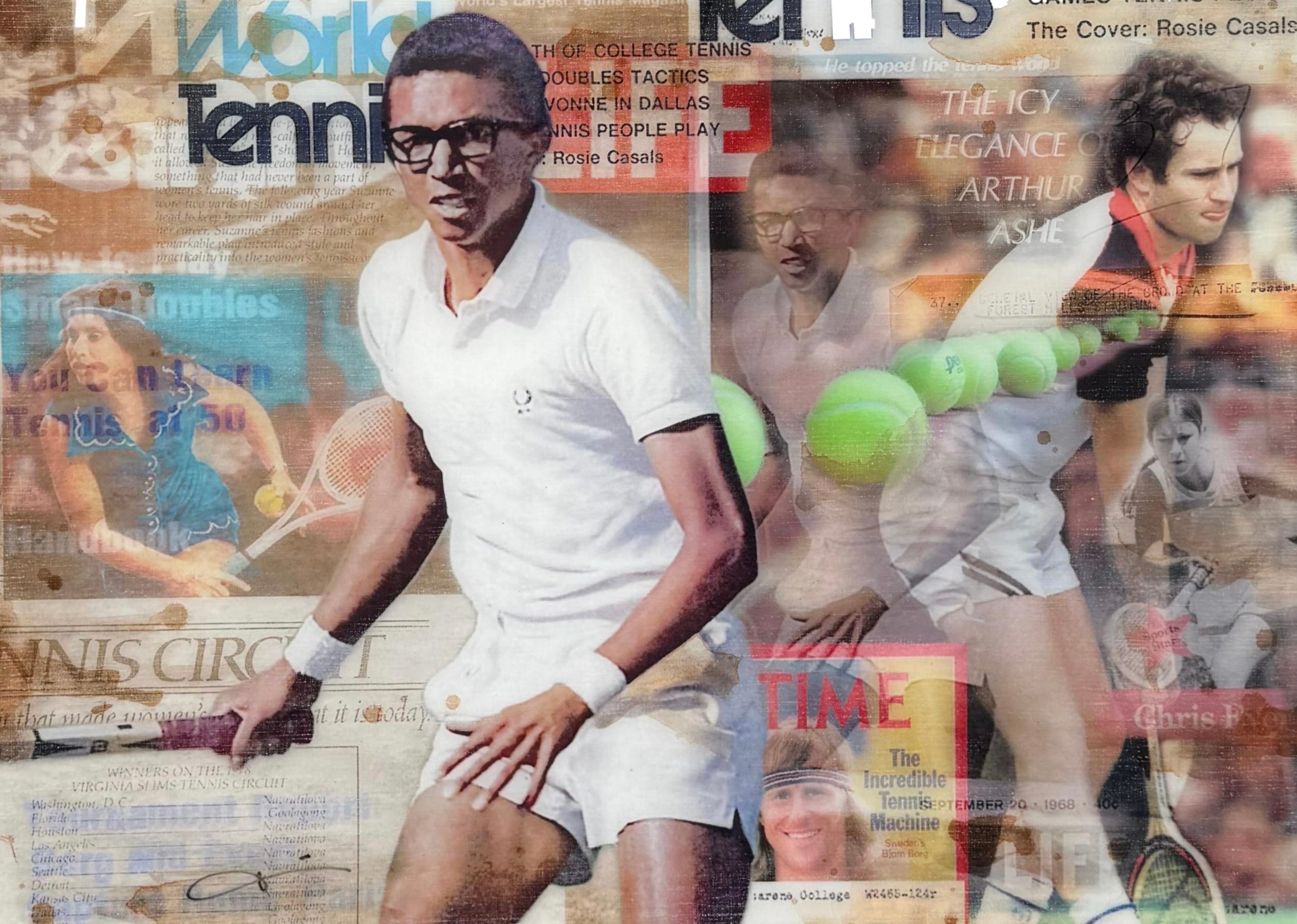 Unikat „Vintage Tennis“ von Jörg Döring mit Arthur Ashe und Tennis-Collage aus Vintage-Magazinen