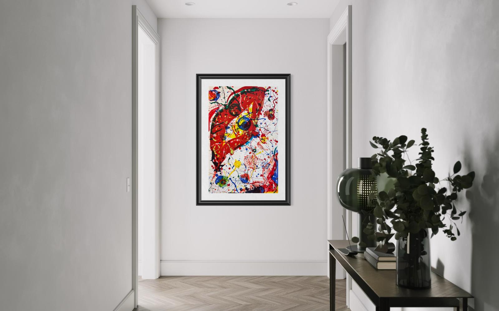 Sam Francis Ohne Titel, originale Lithographie, Auflage 10/50, handsigniert, 74 × 114 cm mit abstrakter Komposition in Rot, Blau und Gelb.