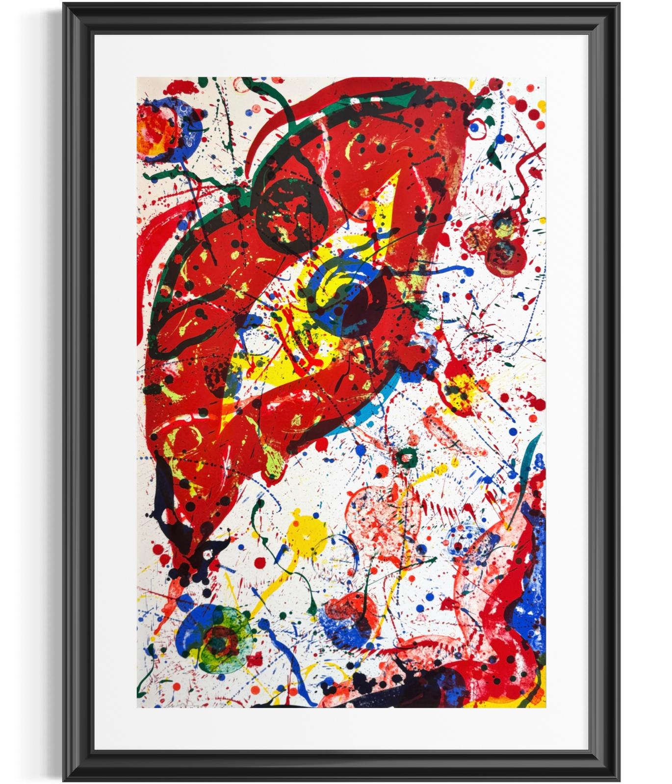 Sam Francis Ohne Titel, originale Lithographie, Auflage 10/50, handsigniert, 74 × 114 cm mit abstrakter Komposition in Rot, Blau und Gelb.