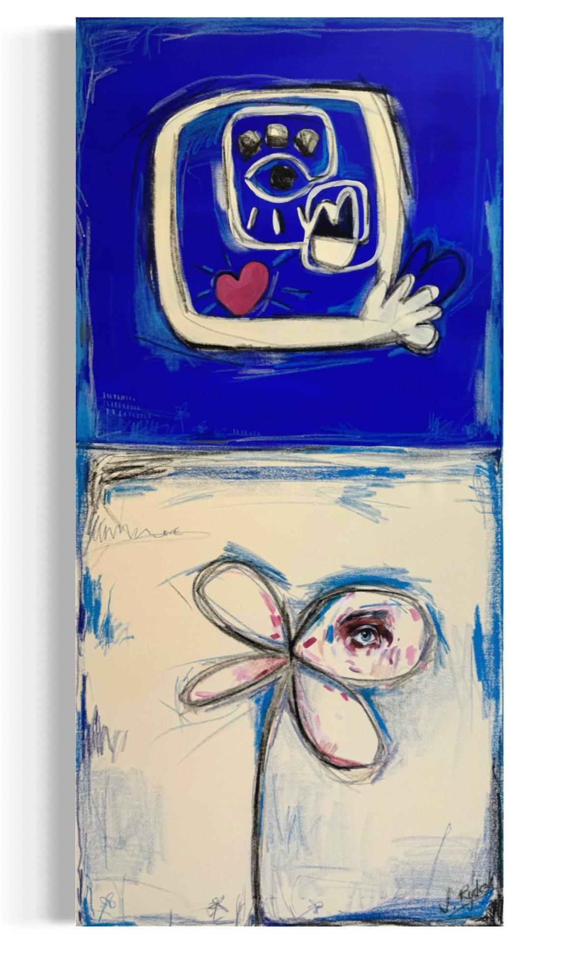 sebastian_rydzak_elements_of_myself_unikat_kunst_online_bestellen Sebastian Rydzak Elements of My Self, Mischtechnik auf Leinwand, Unikat von 2026, 80 × 170 cm mit stilisiertem Augenmotiv und floralen Formen.