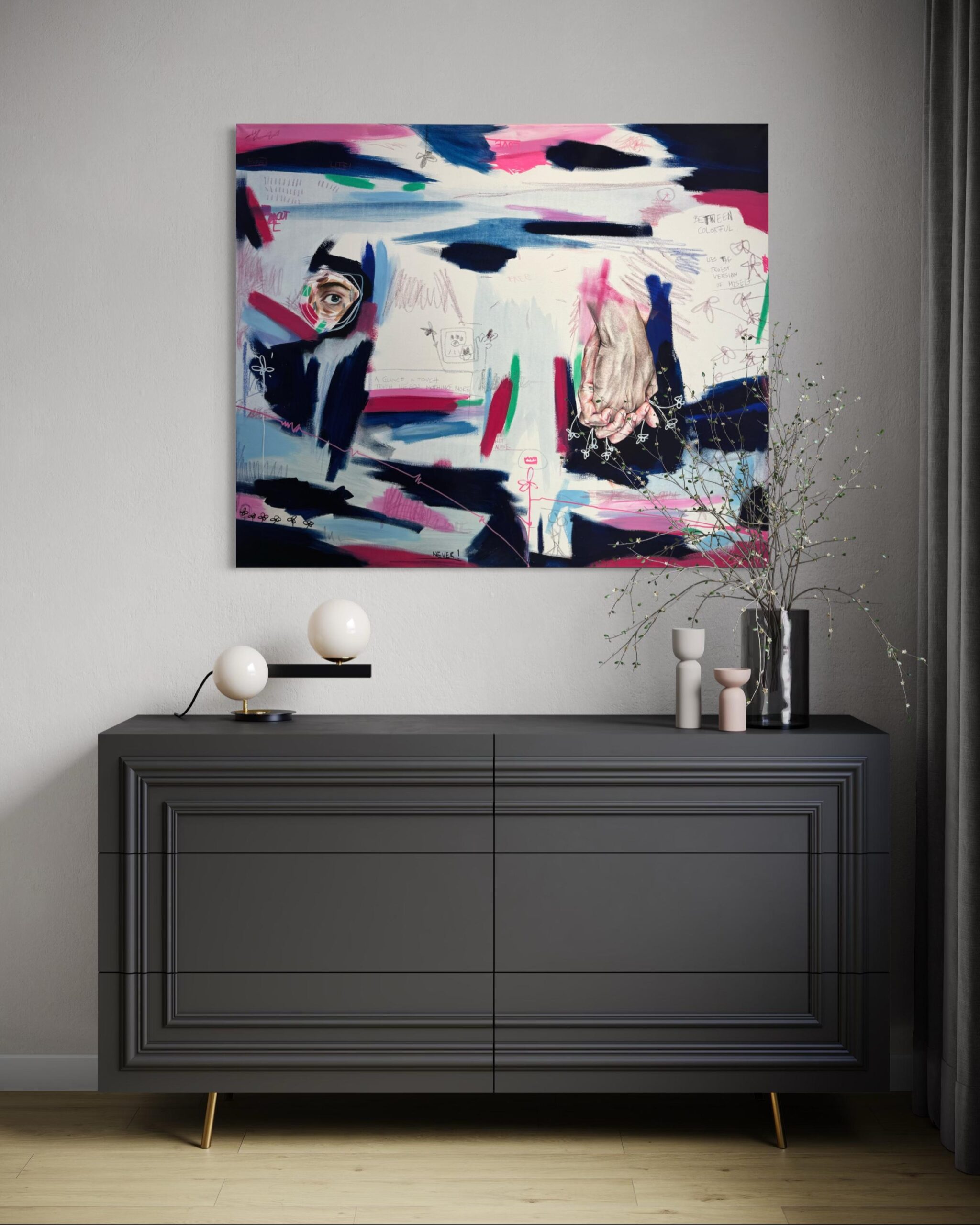 Sebastian Rydzak A glance, touch, truth needs nothing more, Mischtechnik auf Leinwand, Unikat, 120 × 100 cm mit abstrahierten Händen und Auge.