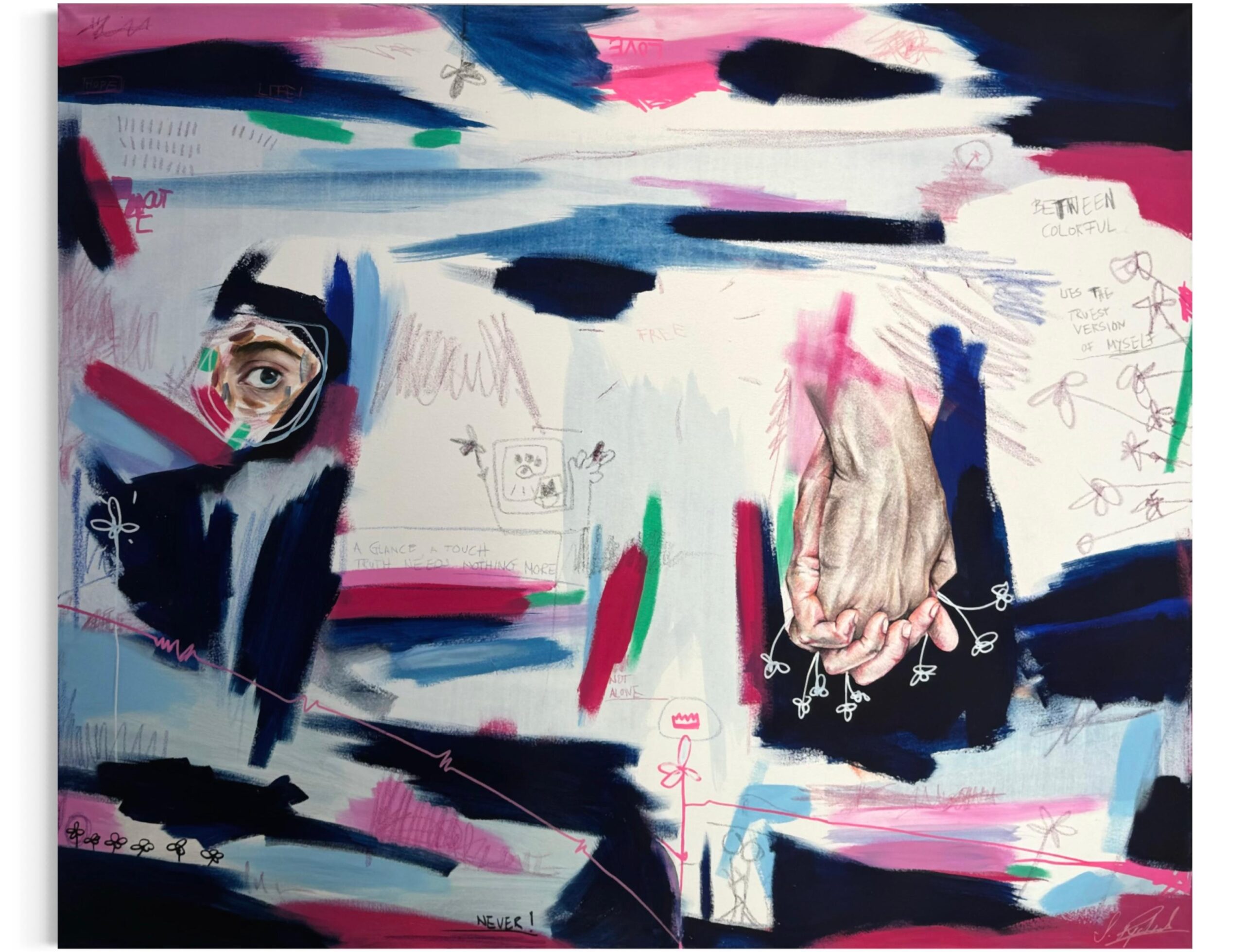 sebastian_rydzak_kunst_polen Sebastian Rydzak A glance, touch, truth needs nothing more, Mischtechnik auf Leinwand, Unikat, 120 × 100 cm mit abstrahierten Händen und Auge.