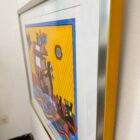 Simon Dittrich „Münchhausen“, signierte Serigrafie von 1972, Auflage 64/100, gerahmt mit gelb-silberner Leiste und Museumsglas.