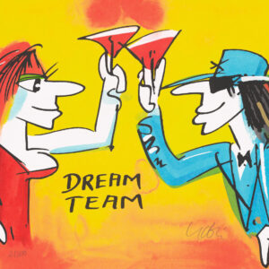 Udo Lindenbergs handsignierter Siebdruck „Dreamteam“ mit zwei anstoßenden Figuren vor einem gelben Hintergrund.