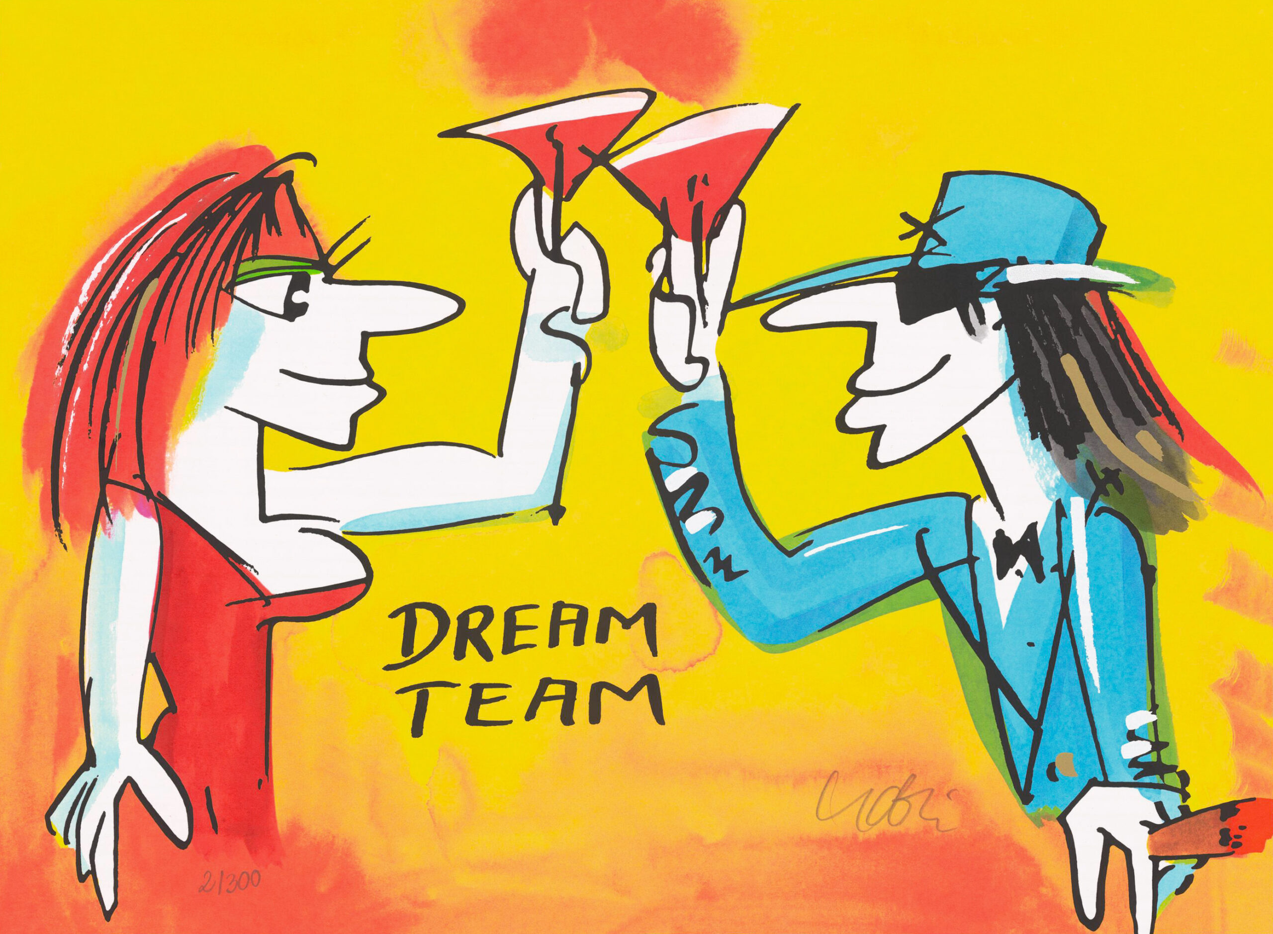 udo-lindenberg-dreamteam-siebdruck-42x56cm-scaled Udo Lindenbergs handsignierter Siebdruck „Dreamteam“ mit zwei anstoßenden Figuren vor einem gelben Hintergrund.